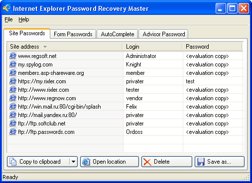 Internet Explorer Password Recovery Master 2.0 software screenshot