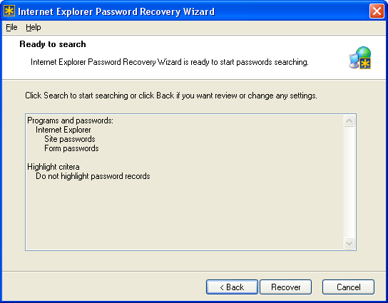 Internet Explorer Password Recovery Wizard 1.1 software screenshot