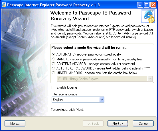Internet Explorer Password Recovery 5.0.0.505 software screenshot