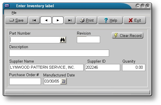 Inventory label (TAS PRO) 1.1 software screenshot