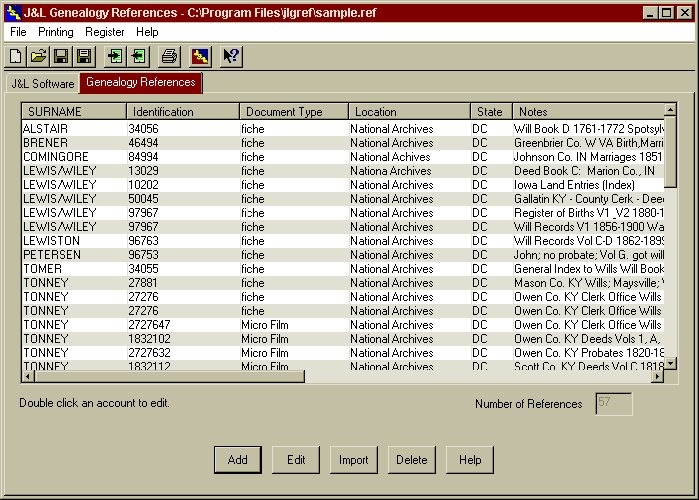 J&L Genealogy Reference 1.3 software screenshot