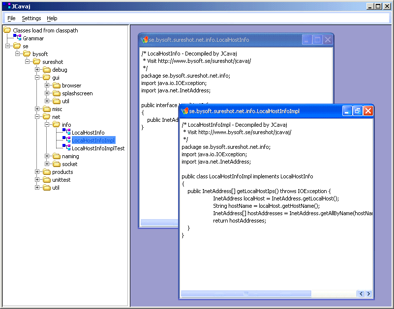JCavaj Java Decompiler 1.10 software screenshot