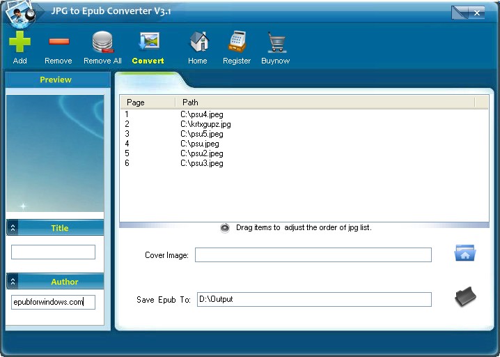 JPG to Epub Converter 3.3 software screenshot