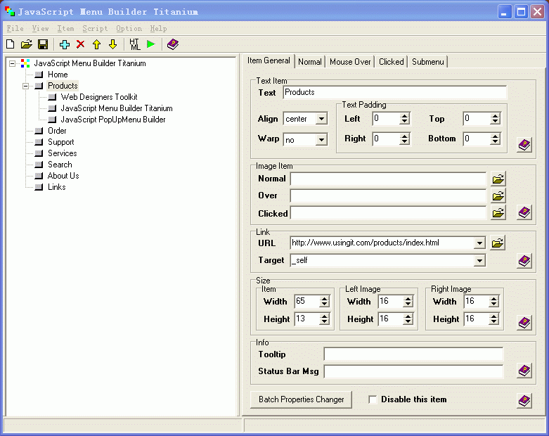 JavaScript Menu Builder Titanium 1.2 software screenshot