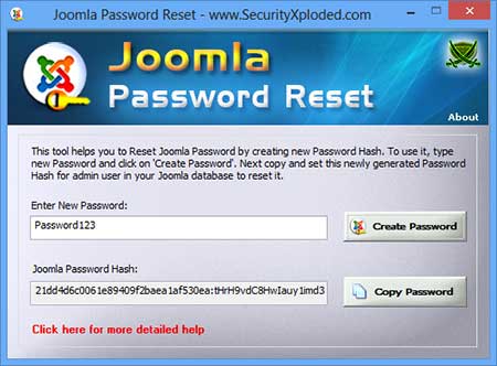 Joomla Password Reset Portable 2.0 software screenshot