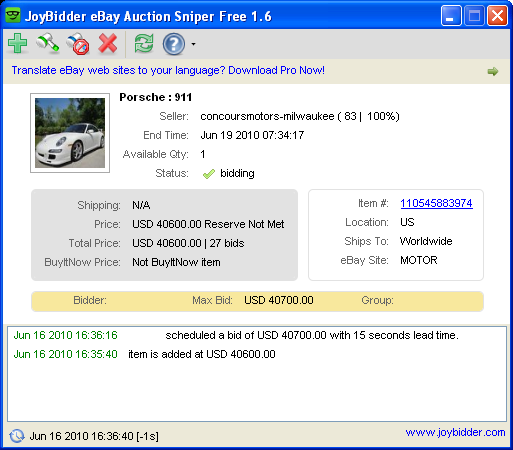 JoyBidder eBay Auction Sniper Free 1.9.57 software screenshot