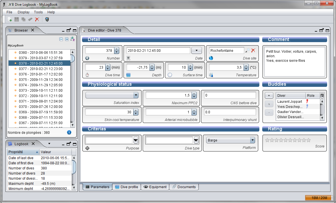 JtB Dive LogBook 2.7.0 software screenshot