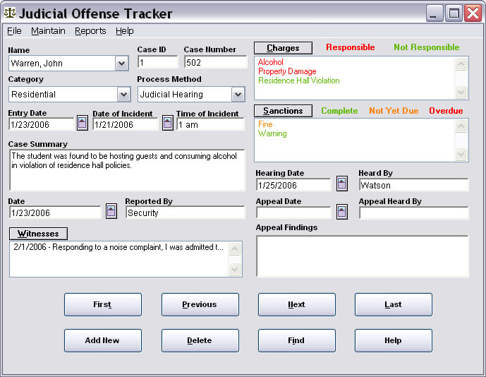 Judicial Offense Tracker 2.1.1 software screenshot