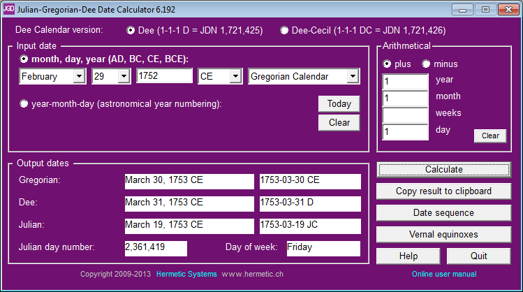 Julian-Gregorian-Dee Date Calculator 6.42t software screenshot