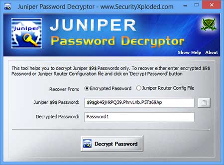 Juniper Password Decryptor 1.0 software screenshot