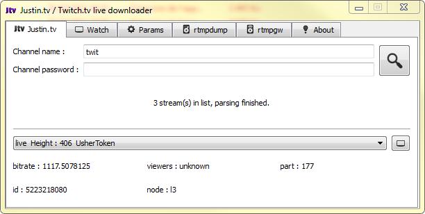 Justin.tv / Twitch.tv live downloader 1.1.1 software screenshot