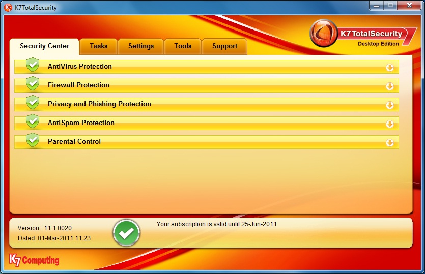 K7 TotalSecurity 15.1.0296 software screenshot