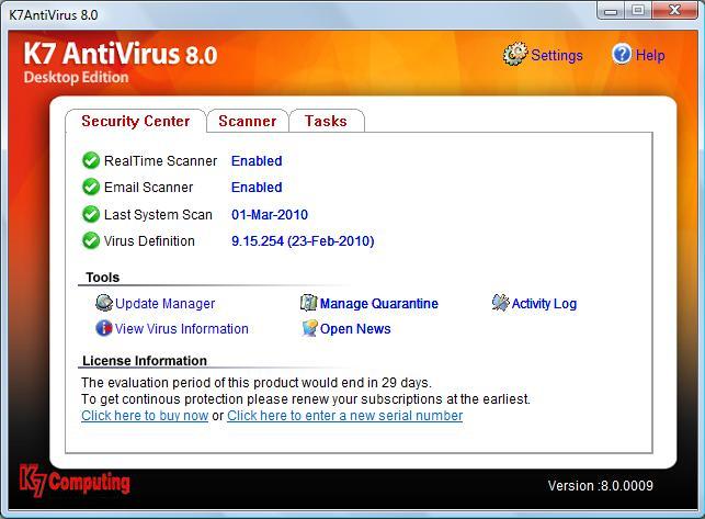 K7AntiVirus Premium 15.1.0296 software screenshot