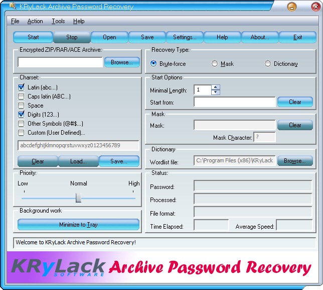 KRyLack Archive Password Recovery 3.60.68 software screenshot