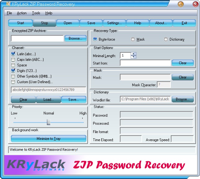 KRyLack ZIP Password Recovery 3.60.68 software screenshot