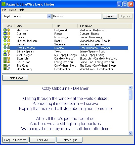 Kazaa & LimeWire Lyric Finder 1.3.5 software screenshot