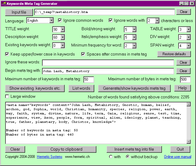 Keywords Meta Tag Generator 8.57 software screenshot