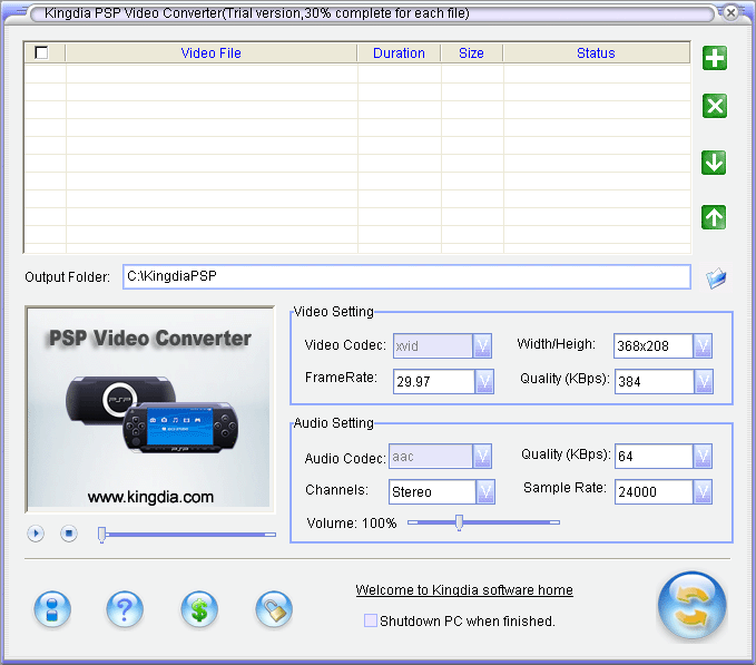 Kingdia PSP Video Converter 3.7.12 software screenshot