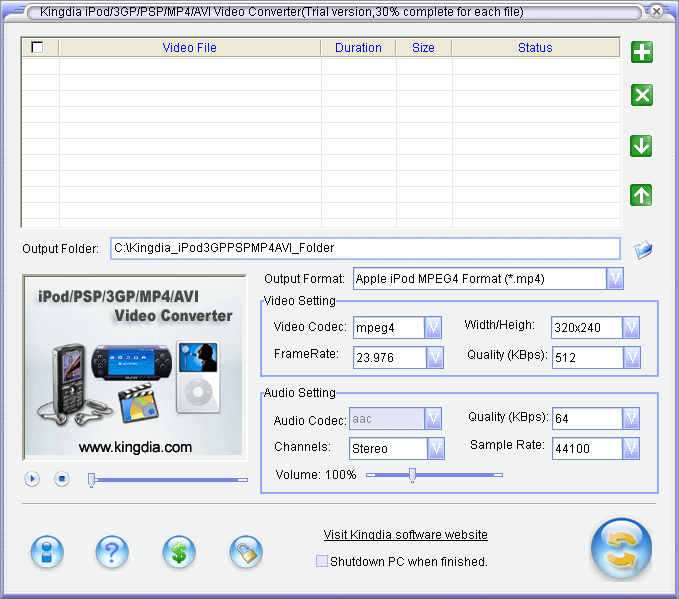 Kingdia iPod/PSP/3GP/MP4/AVI Converter 3.7.12 software screenshot