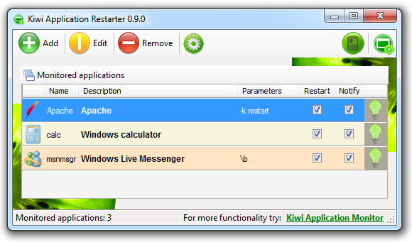 Kiwi Application Restarter 0.9.1 software screenshot