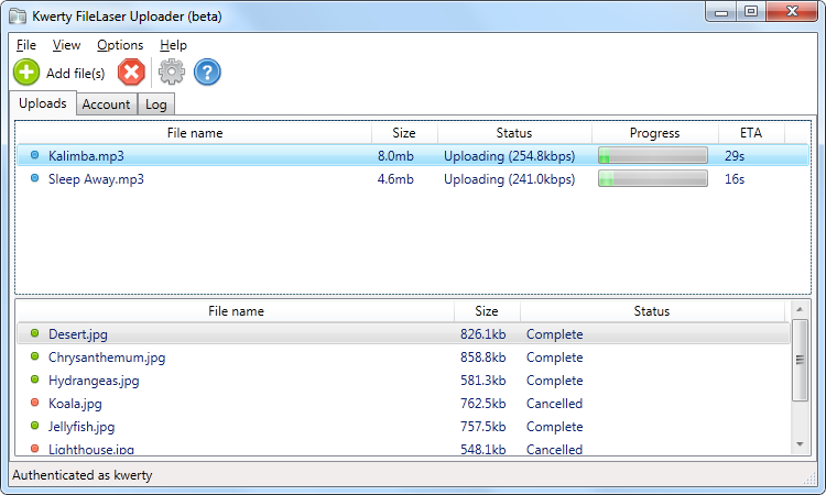 Kwerty FileLaser Uploader 1.0.0.4 Beta software screenshot