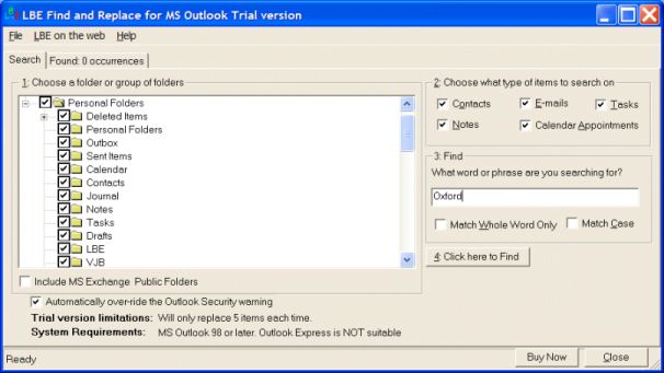 LBE Find and  Replace for MS Outlook 3.1.4 software screenshot