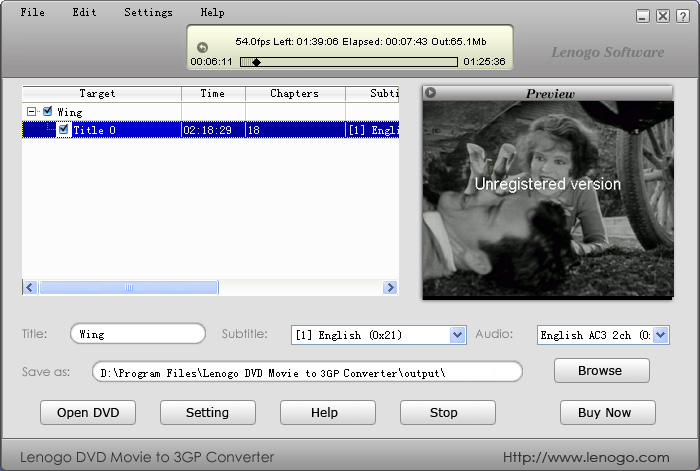 Lenogo DVD Movie to 3GP Converter 5.5.8 software screenshot