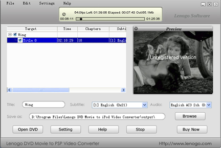 Lenogo DVD Movie to PSP Video Converter Build 007 5.6.5 software screenshot