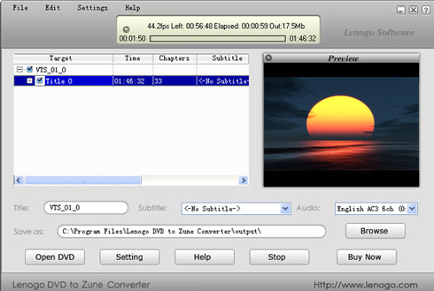 Lenogo DVD to Zune Converter 6.5 software screenshot