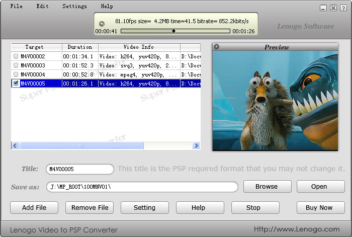 Lenogo Video to PSP Converter 4.2 software screenshot