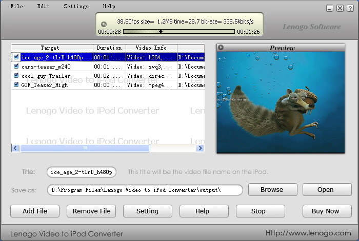 Lenogo Video to iPod Converter 4.2 software screenshot