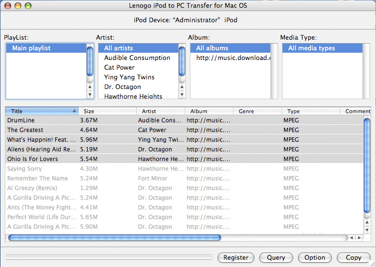 Lenogo iPod to PC Transfer for Mac 2.1.1 software screenshot