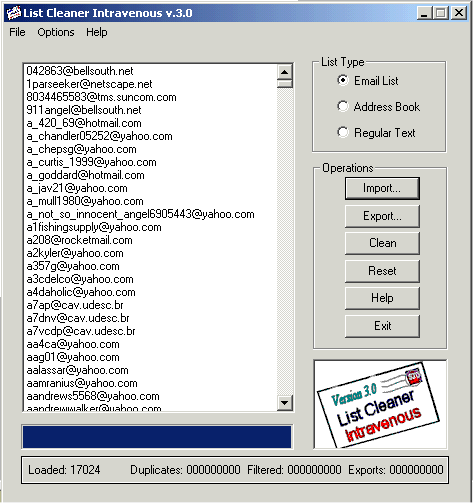 List Cleaner Intravenous 3.01 software screenshot
