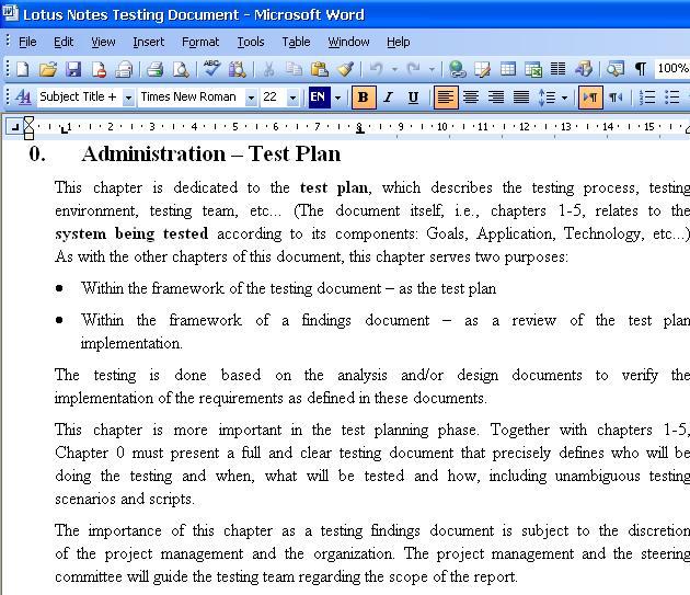 Lotus Notes Testing Document 1.00 software screenshot