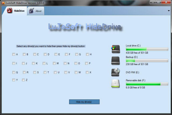 LuJoSoft HideDrive 1.0.0.0 software screenshot