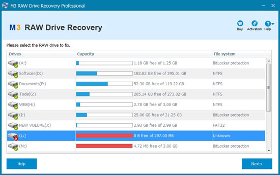 M3 RAW Drive Recovery 5.5.1 software screenshot