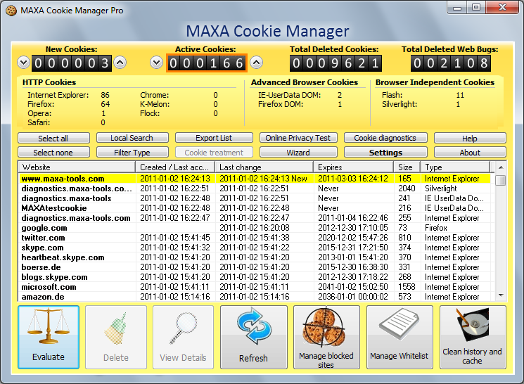MAXA Cookie Manager 5.3.0.2mx software screenshot