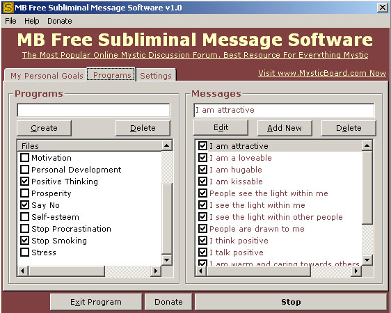 MB Subliminal Message Software 1.45 software screenshot