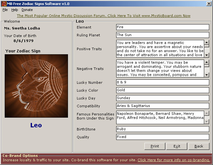 MB Zodiac Signs Software 2.05 software screenshot