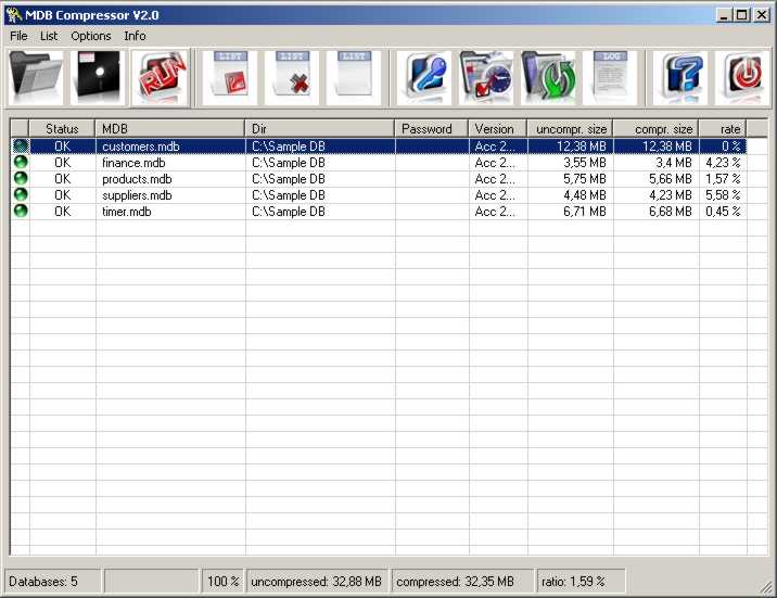 MDBC database compressor 2.1 software screenshot