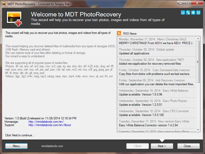 MDT PhotoRecovery 1.4.0 software screenshot