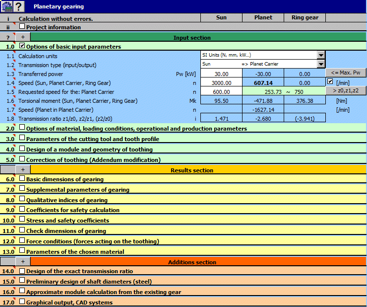 MITCalc - Planetary Gearing 1.15 software screenshot