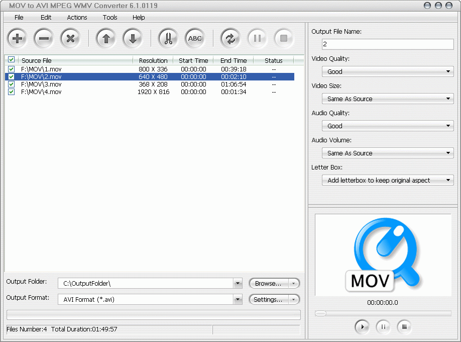 MOV to MPEG AVI WMV Converter 4.4.0529 software screenshot