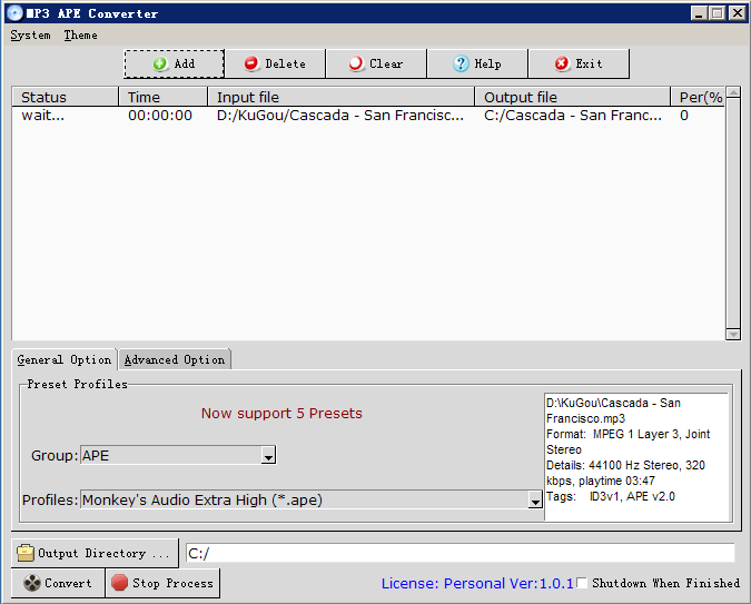 MP3 APE Converter 1.0.1 software screenshot