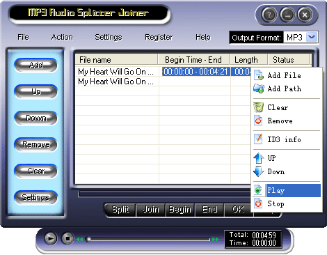 MP3 Audio Splitter Joiner 3.00.07 software screenshot
