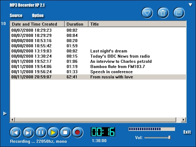 MP3 Recorder XP 2.1 software screenshot
