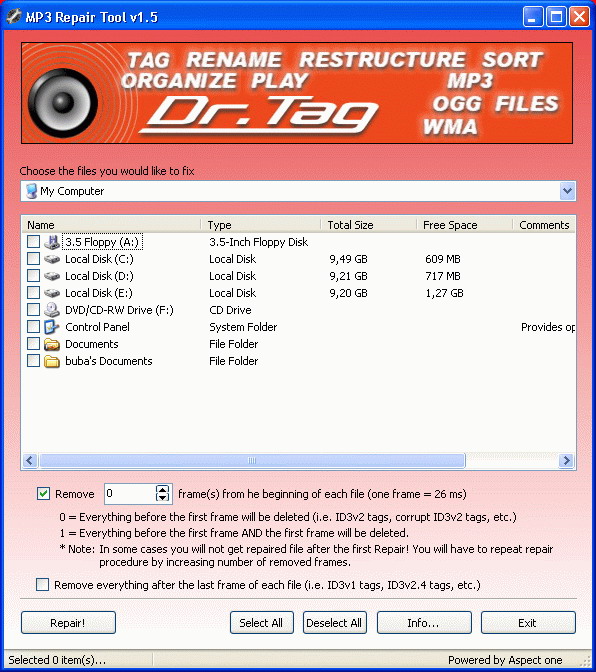 MP3 Repair Tool 1.5 software screenshot