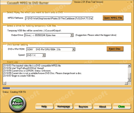 MPEG T0 DVD Burner 2011.1105 software screenshot