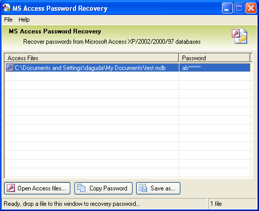 MS Access Password Recovery 2.0 software screenshot