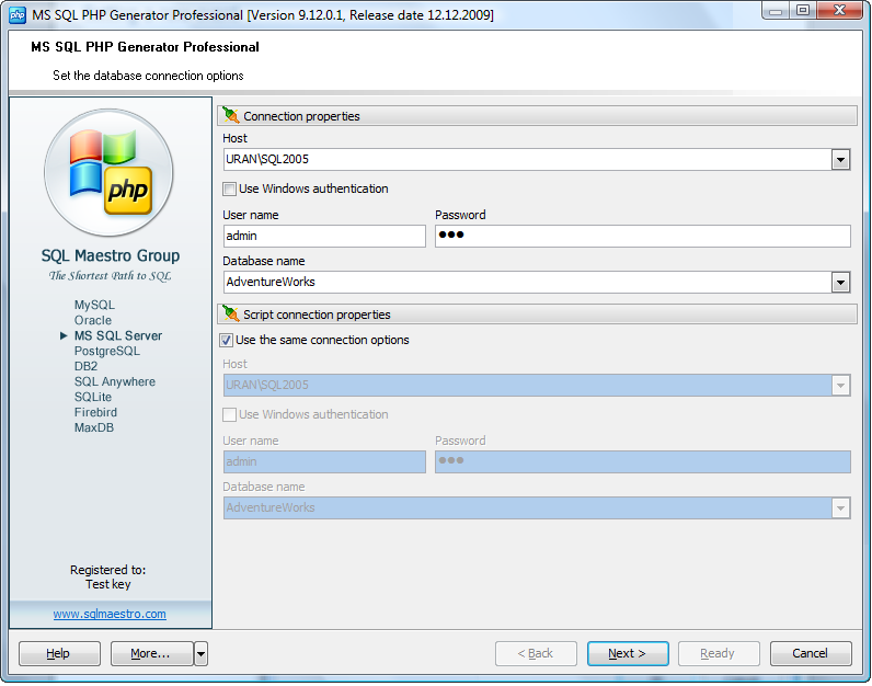 MS SQL PHP Generator 14.10.0.5 software screenshot
